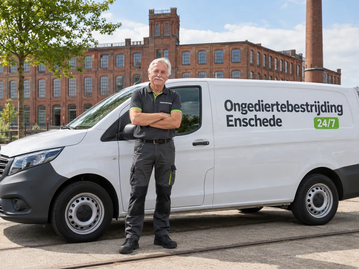 Ongediertebestrijding Enschede: bestrijder van Ongediertebestrijding Enschede bij de bedrijfsbus